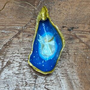 Hand-Painted Oyster Shell Angel Ornament Blue Christmas